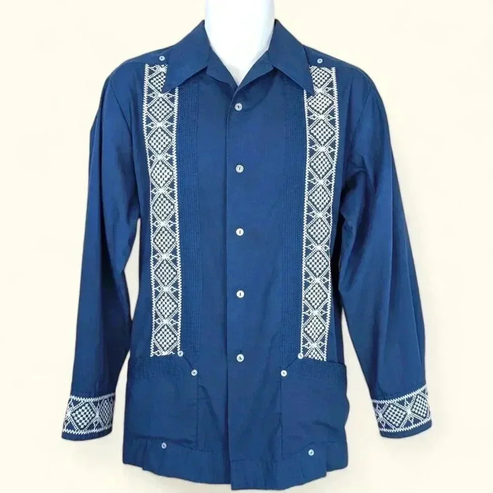 Men's Blue Embroidered Dress Shirt